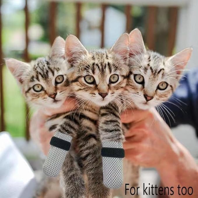4 PCS Cat Mittens to Prevent Scratching,Mesh Breathable Cat Shoes,Adjustable Cats Anti Scratch Gloves,Suitable for Cats When Bathing and Nail Trimming(M,Grey)-PawvioPets