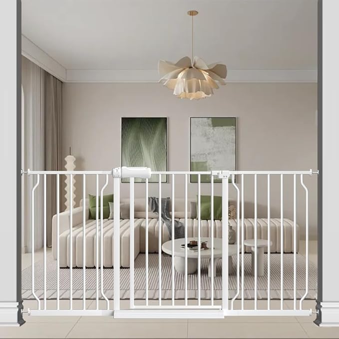 57.5"-62" Extra Wide Auto Closing Baby Safety Gate for Stairs & Doorways, Pressure Mounted No Drill Pet Gate with Walk-Through Door - Heavy Duty Childproof Gate for Toddlers, Kids, Dogs (White)-PawvioPets