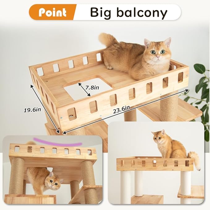 74.8" Wooden Cat Tree Tower for Large Cats, Multi-Level Cat Climbing Furniture with Scratching Posts, Cat Condo & Hammock, Natural Wood Cat Activity Center (White)-PawvioPets