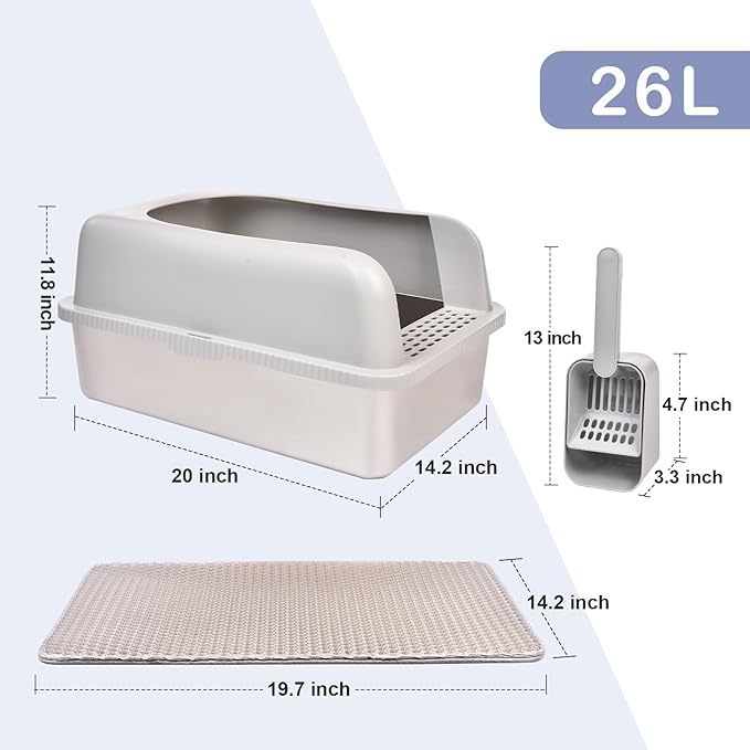 2 Pack Stainless Steel Cat Litter Box with Lid, 20" L x 14.2" W x 11.8" H, Extra Large Litter Box for Big Cats with High Sided, Anti-Urine Leakage, Easy Cleaning, Include Cat Mat and Scoop-PawvioPets