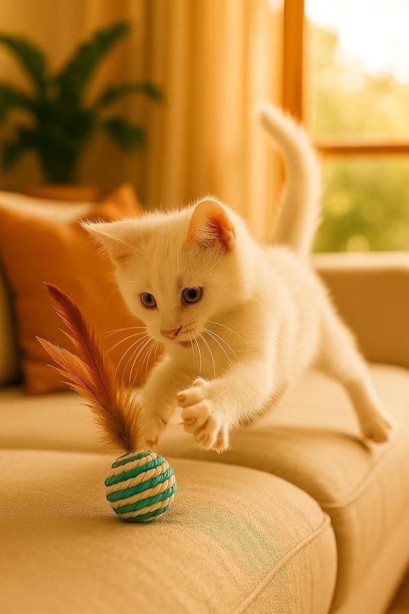 Ball for cat with Feathers - Balls for Cats โ Natural Toy for Indoor Cats โ Eco-Friendly, Durable, Interactive Play Balls for Kittens โ Pet-Safe Chew & Scratch Toys (Sky Blue)-PawvioPets