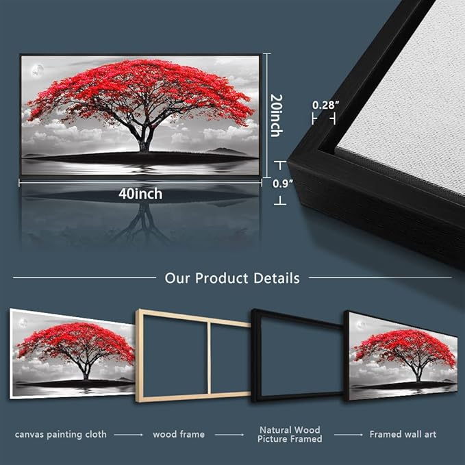 Framed Canvas Wall Art For Living Room Bathroom Wall Decor Black And White Landscape Red Tree Moon Scenery Hang Painting Home Decorations For Office Bedroom Kitchen Works Canvas Prints Pictures-PawvioPets