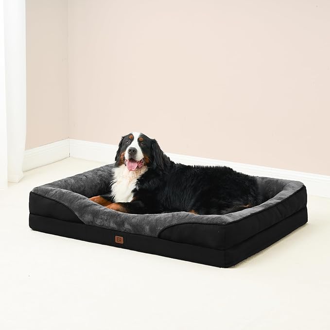 EHEYCIGA Memory Foam XL Dog Bed for XLarge Sized, Extra Large Orthopedic Dog Sofa with Sides and Waterproof Liner, Washable Bolster Pet Bed Couch with Removable Cover, 42x30x7.5 Inch, Grey/Black-PawvioPets