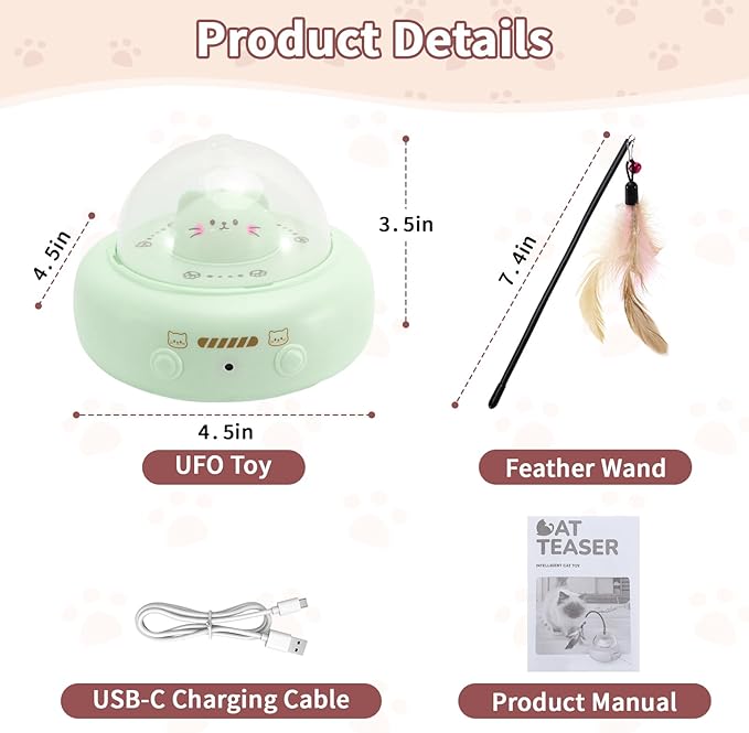Automatic Cat Toys with Feathers, Interactive Cat Toy for Indoor Exercise, Rechargeable Teasing Toys for Indoor Cats, USB Powered, Smart Standby&Obstacle Avoidance(Green)-PawvioPets