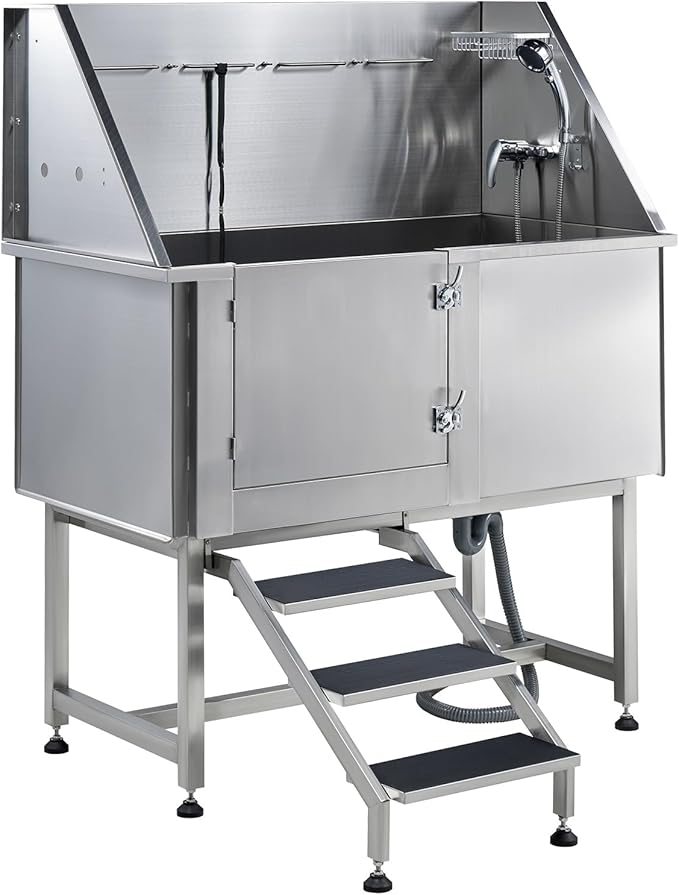 Albott 50-Inch Stainless Steel Dog Washing Station with Anti-Slip Steps, Sprayer, Faucet, and Soap Box – Professional Pet Bathtub for Medium/Small Pets, Ideal for Home, Garage, and Grooming(Left)-PawvioPets