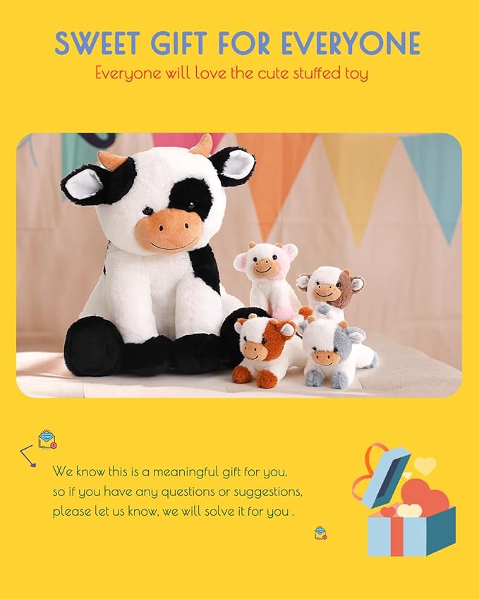 5 Pieces Cow Stuffed Animals for Boys Girls, 1 Mommy Cow with 4 Babies Soft Plush Toy Set Gifts for Kids Children 3 4 5 6 7 8 9 Years, Christmas, Birthday, Party Decorations-PawvioPets