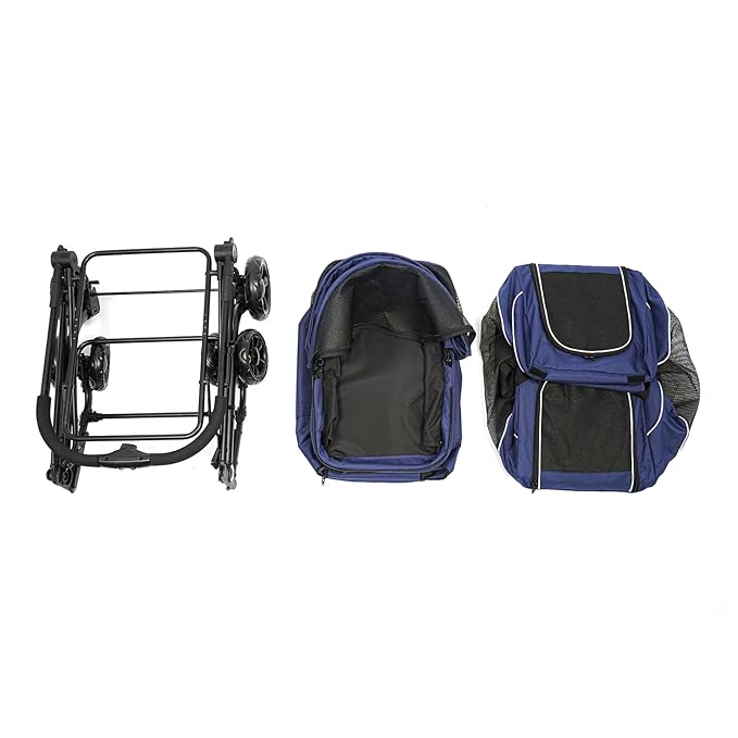 Double Pet Stroller,3.07lbs Dog Cat Carrying Cart,Lightweight Foldable Pet Stroller with 4 Wheels,Blue Portable Compact Pet Travel Cart for Small Dogs and Cats (Blue)-PawvioPets