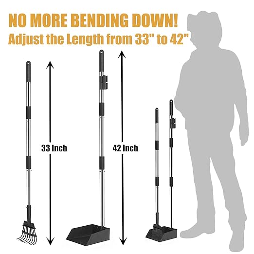 Dog Poop Trash Can Outside Stainless Steel - Metal Pooper Scooper Set - 12L Dog Waste Trash Can Outdoor with Pedal - Backyard, Yard - Removable Inner Bin, Long Handle Tray and Rake - Black and Gold-PawvioPets