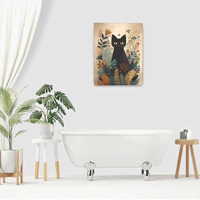 Boho Black Cat Wall Art Kitten Botanical Wall Decor Mid Century Modern Canvas Painting Print Minimalist Pictures Artwork Framed Decorations Gifts for Cat Lover Bathroom Nursery Living Room Bedroom Kitchen 16"x20"-PawvioPets