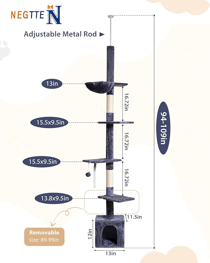 Floor to Ceiling Cat Tree, 5-Tier Height (95-109 inches) - Adjustable Cat Climbing Tower with Sisal Scratching Posts, Cat Condo, Hammock, Platforms, and Hanging Balls-PawvioPets