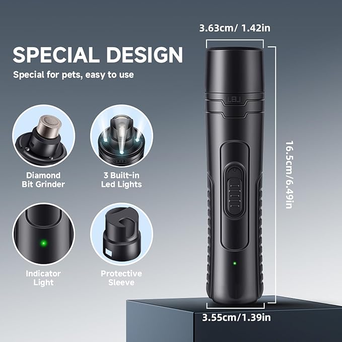 Dog Nail Grinder Quiet 2-Speed Pet Nail Grinder with 3 Led Lights and 3 Ports Rechargeable Electric Dog Nail Trimmer for Large and Small Dogs/Cats and Small Animals Safe (Black)-PawvioPets