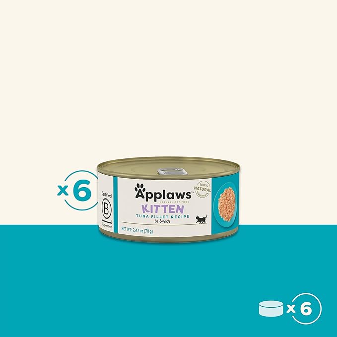 Applaws Natural Wet Kitten Food in Broth, Limited Ingredient Canned Wet Kitten Food, No Additives, Made with Natural Ingredients, Tuna Fillet in Broth (6 x 2.47oz Cans)-PawvioPets