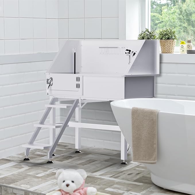 Dog Washing Station for Home, 38" White Professional Stainless Steel Dog Grooming Tub, Height Adjustable Dog Bathing Station, Upgrade Parts, Dog Bath Tubs for Small & Medium Dogs(Left Stair)-PawvioPets