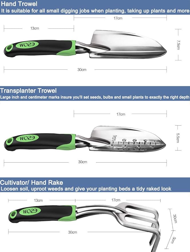 ESOW Garden Tool Set, 3 Piece Cast-Aluminum Heavy Duty Gardening Kit Includes Hand Trowel, Transplant Trowel and Cultivator Hand Rake with Soft Rubberized Non-Slip Ergonomic Handle, Garden Gifts-PawvioPets