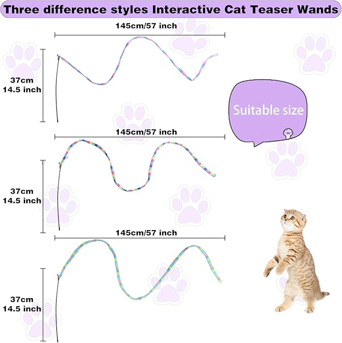 Cat Wand Toys Interactive Kitten Toys Cat Teaser Wand String Feather for Indoor Colorful Ribbon Wands Stick Toy Cat Charmer-3 Packs-PawvioPets