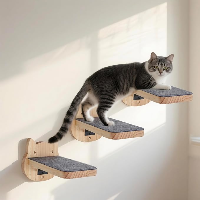 ESPETS Natural Solid Wood Cat Wall Floating Steps Set of 3 - Wall Mounted Wooden Cat Climbing Shelves and Perches, Kittty Stairs Ladder - Easy Install, Holds up 30lbs-PawvioPets