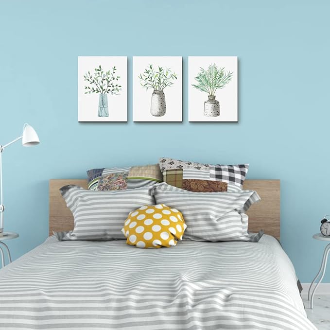 AHUASJART Canvas Wall Art Paintings For Kitchen Dining Room Large Size Wall Decor For Living Room Bedroom Wall Decoration Office Decor Green Leaf Vase Wall Pictures Artwork For Home Walls 3 Piece-PawvioPets