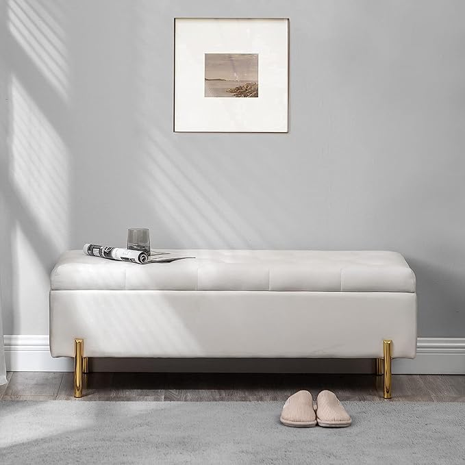 45.6 Inch Velvet Storage Bench Upholstered Tufted Settee Ottoman Bench with Storage, Bed End Bench with Soft Close Lid, for Bedroom, Living Room, Entryway, Rectangular Accent Bench, Beige-PawvioPets