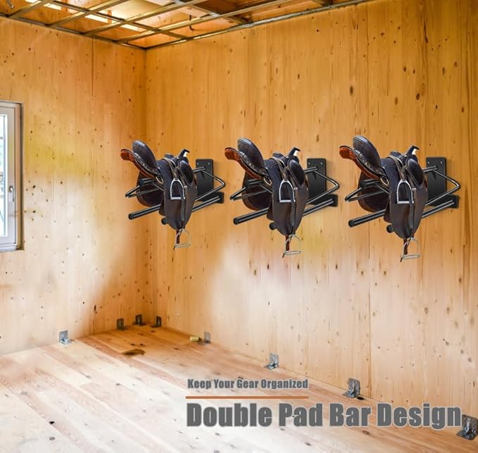 2Pcs Saddle Rack with Double Pad Bar,Heavy Duty Wall Mounted Saddle Rack Stand Saddle Pad Rack for English and Western Saddles,23.8x12.6x7.5 Inches-PawvioPets