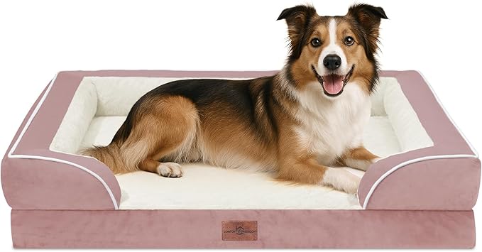 Comfort Expression Large Dog Beds Waterproof Orthopedic Foam Dog Sofa Beds Comfy Pet Bed with Washable Removable Cover & Non-Slip Bottom(Large,Pink)-PawvioPets
