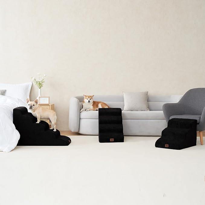 EHEYCIGA Curved Dog Stairs Ramp for High Beds 22.6" H, 5-Step Dog Steps for Small Dogs and Cats, Pet Stairs for High Bed Climbing, Non-Slip Balanced Pet Step Indoor, Black-PawvioPets