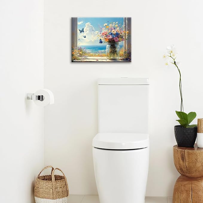 Beach Floral Bathroom Pictures Wall Art, Colorful Flower Bathroom Wall Decor, Coastal Ocean Framed Painting Canvas Artwork for Bedroom Living Room Decorations 16"L x 12"W-PawvioPets