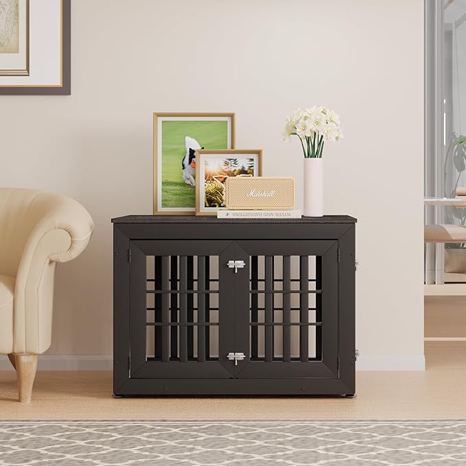 38" Heavy Duty Dog Crate Furniture for Small,Medium and Large Dogs,Rustic Wooden Dog Cage Kennel Indoor Furniture with Waterproof Top,Decorative Pet House Side End Table (Black & Grey)-PawvioPets