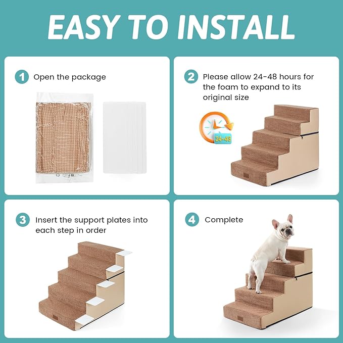 Dog Stairs for Small Dogs, 5 Tier Removable Wider Pet Stairs for Couch and Bed, 23.6" H Non-Slip Dog Steps for Puppies and Old Cats with Support Board, 29.5x19.7x23.6 inch, Light Brown-PawvioPets
