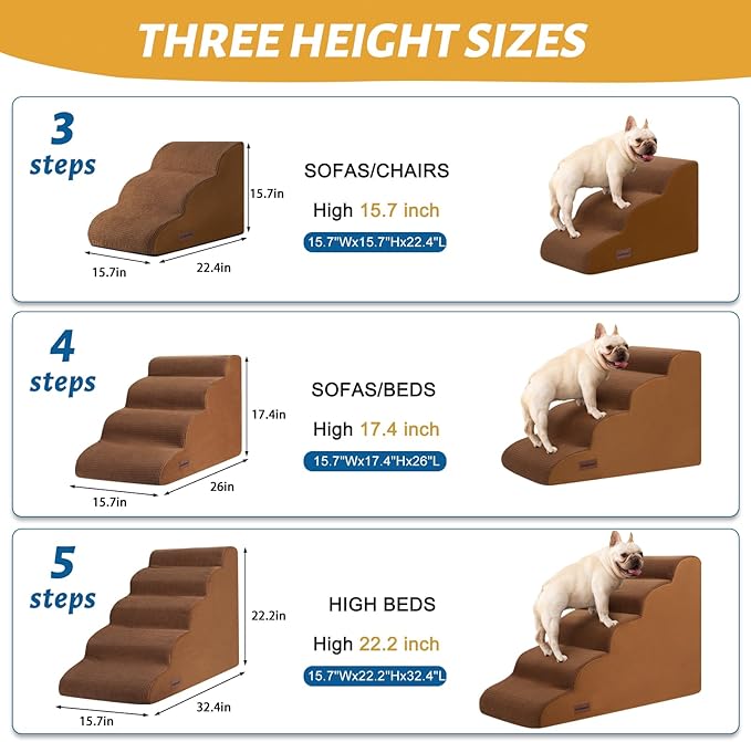 3-Step Dog Ramp and Stairs for Sofa and Chair - Non-Slip Sturdy Pet Steps for Small Dogs and Cats,15.7" H,Brown-PawvioPets