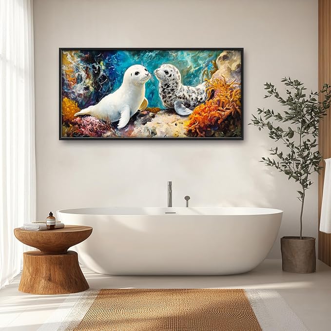Extra Large Seal Framed Wall Art for Living Room,Oversized Underwater Animal Pictures Wall Decor,Ocean Coral Reef Canvas Print Painting Modern Artwork Bedroom Office Bathroom 60L" x 30W"-PawvioPets