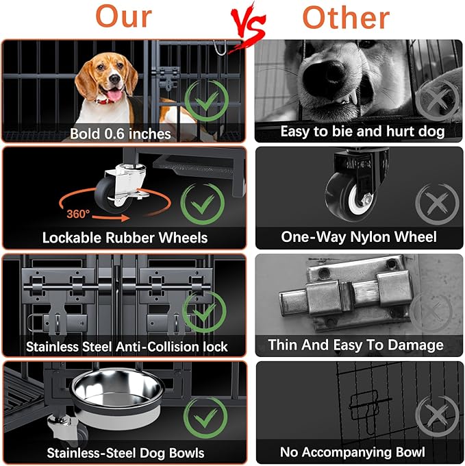 aboxoo 48/42 inch XL Dog Crate for Large Dog/Double Medium Dogs,Heavy Duty Metal Dog Cages,All Metal Open Top,Dog Kennel Indoor with Wheels,Floor Grid, Tray, Divider and Feeding Bowl-PawvioPets