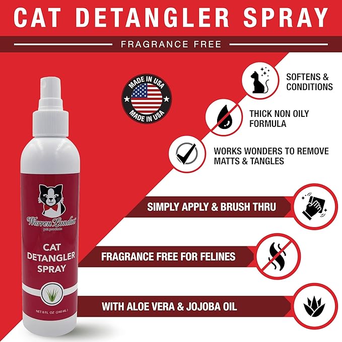 Warren London Cat Detangler Spray Bundle with Pin Brush for Matted Hair | Leave in Conditioner Pet Detangling Spray That Demattes & Refreshes | 8oz w/Pin Brush-PawvioPets