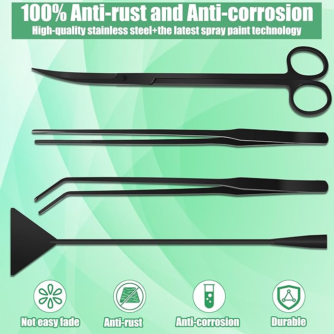 Aquarium Aquascape Tools Kit, 4 in 1 Anti-Rust Aquatic Plant Aquascaping Tool Stainless Steel Black Tweezers Scissors Spatula for Aquarium Tank Clean Fish Tank Aquascape Tools Sets (Black)-PawvioPets