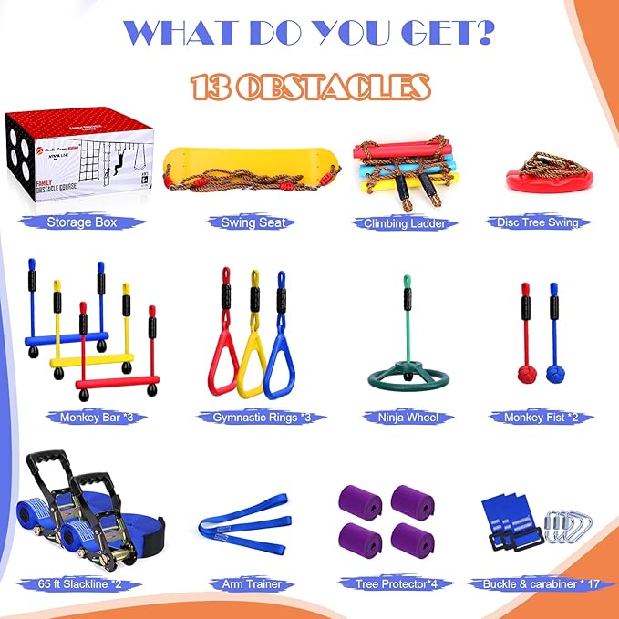 2x65 FT Ninja Warrior Obstacle Course for Kids with 13 Ninja Accessories - 600lbs Weight Capacity, Slackline with Swing Seat, Disc Swing, Ninja Wheel, Rope Ladder, Monkey Bar, Ninja Ring, Arm Trainer-PawvioPets