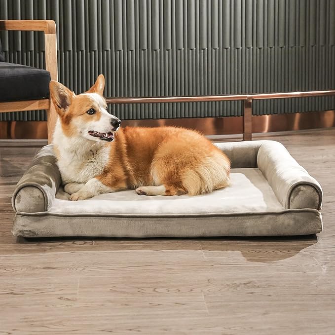 Amazon Basics Dog Bed with Cooling Gel Memory Foam, Pressure-Relief Support for Dogs up to 30lbs, Non-Slip Bottom, Machine Washable Cover, Medium Sized (30" x 20"), Brown-PawvioPets