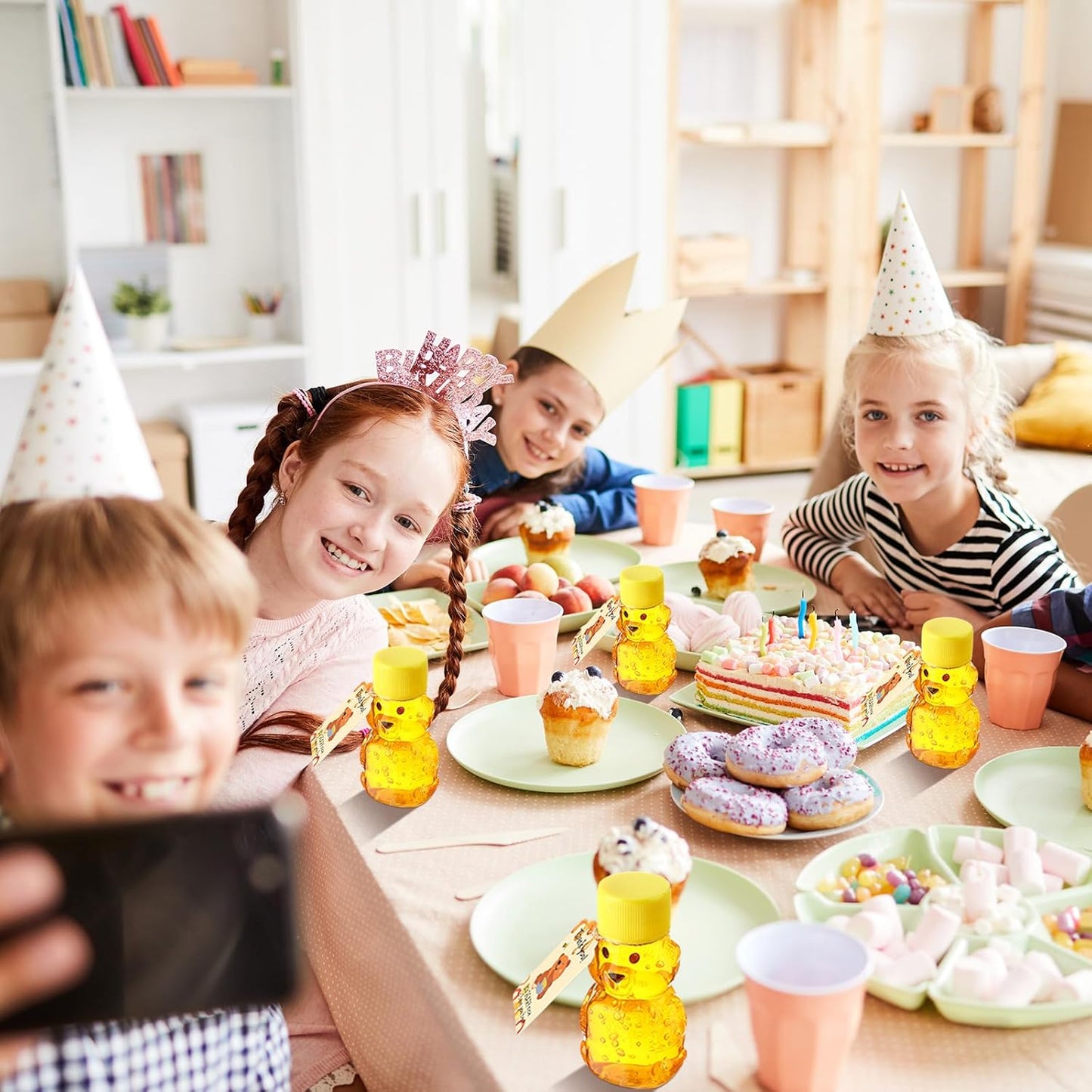 96 Sets 2 oz Plastic Honey Bear Bottle Bear Shape Clear Empty Honey Jar 96 Tags 2 Rolls Jute Rope Honey Containers Empty Honey Dispenser for Baby Shower Party Favors Gifts (Yellow Lid)