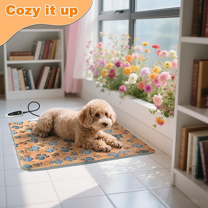 Cat Heating Pad,18×18 In Dog Heated Bed Smart Temperature Control Switch, Metal Protective Pipe Waterproof PVC Cat Beds For Indoor Cats With a Plush Cotton Cover,Heat Lamp For Puppies - Apricot-PawvioPets