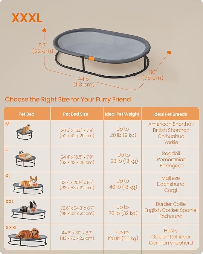 Feandrea Pet Bed, Cat Hammock, Elevated Cat Bed for Multiple Cats, with Removable Washable Mesh, for Pets up to 120 lb, Oval, Gray UPCB005G01-PawvioPets