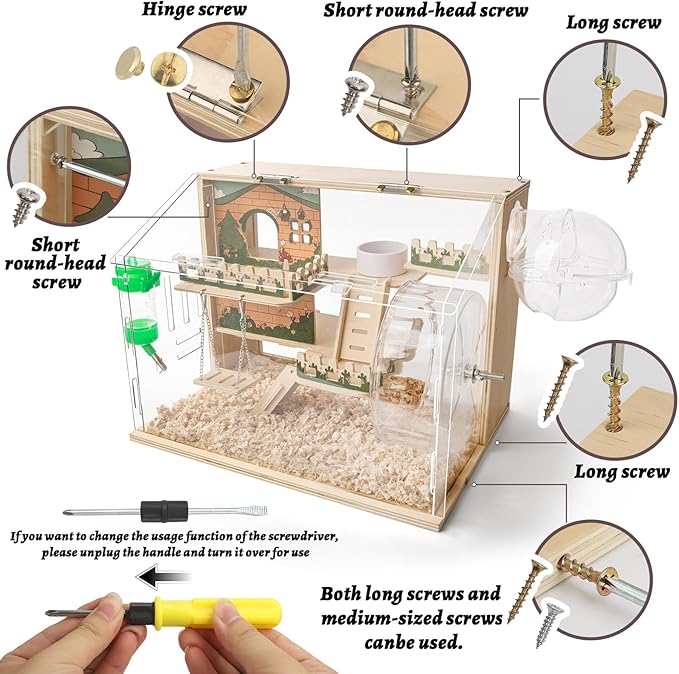 11 in 1 Wooden Hamster Cage with All Accessories, 15.8 Inch 3-Layer Dwarf Hamster Cage Acrylic,Small Animal Cages, Pastoral Style Mouse Cage for Pet Mice, Hedgehog, with Stairs, Fences and Swing-PawvioPets