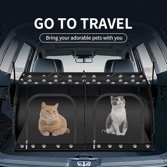 Double Cat Car Travel Carrier, Twin Compartment Show House Cat Cage/Condo,Portable Pet Crate for 2 Cats Travel Double Dog Crate Set for Long Distance Travel-PawvioPets
