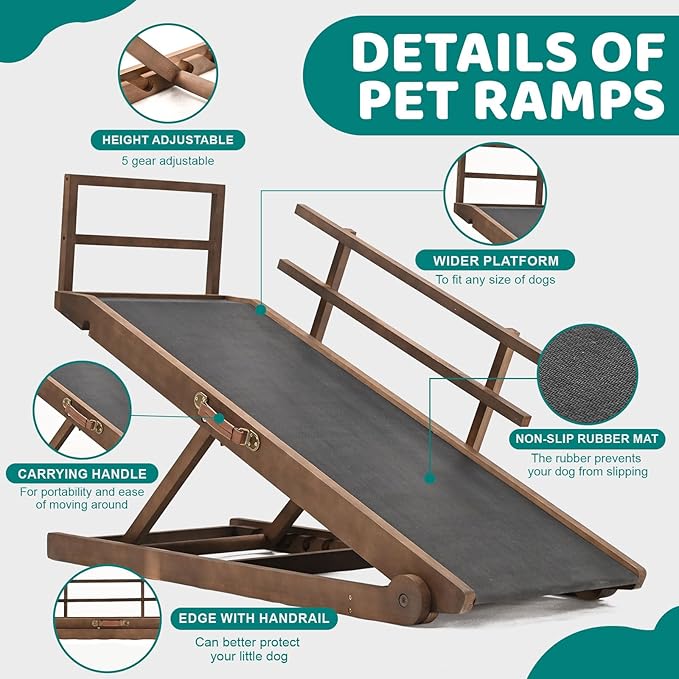 Dog Ramp for Bed, Adjustable Pet Ramps for Dog to Get on Bed, Non-Slip Rubber Surface - Folding Wooden Dog Ramp for Small/Large/Old Dogs, Adjustable up to 31 inch High Beds, Safety Railings-PawvioPets