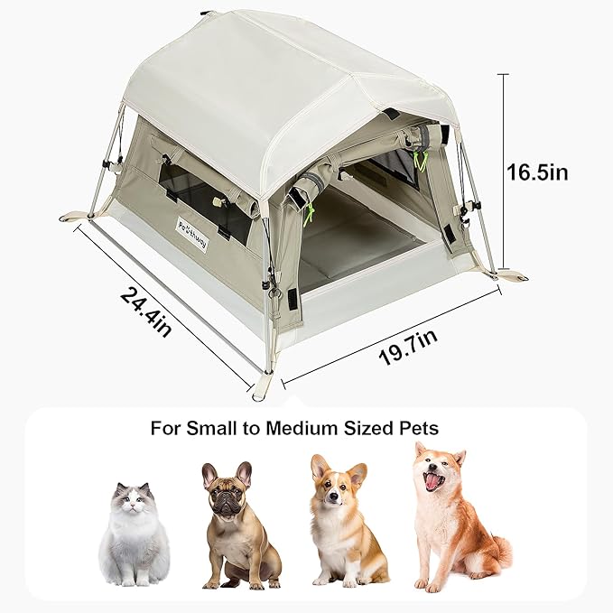 Dog Tent Cotton Fabric, Aluminum Poles and Camping Mat, Outdoor Weatherproof, Dog House Outdoor, Breathable with 2 Side Windows, Portable and Collapsible (Gray, Small)-PawvioPets