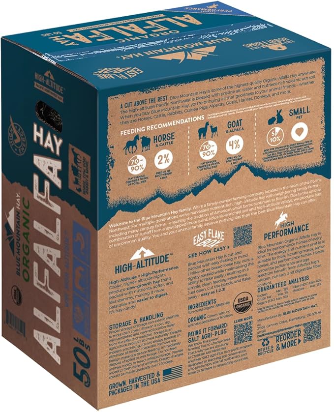 Blue Mountain Hay High-Altitude Organic Alfalfa Hay, 50lb Easy Flake Box - High Protein, Fiber & Mineral-Rich - High Leaf Retention - Ideal for Horses, Goats, Rabbits, Guinea Pigs & Other Small Pets-PawvioPets