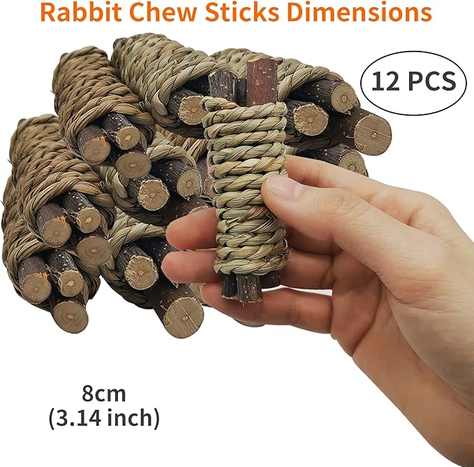 Fhiny 12 PCS Guinea Pigs Chew Toys, Natural Apple Branch Seagrass Molar Sticks for Teeth Bunny Chew Toys Cage Accessories for Guinea Pigs Rabbit Bunny Hamster Chinchilla-PawvioPets