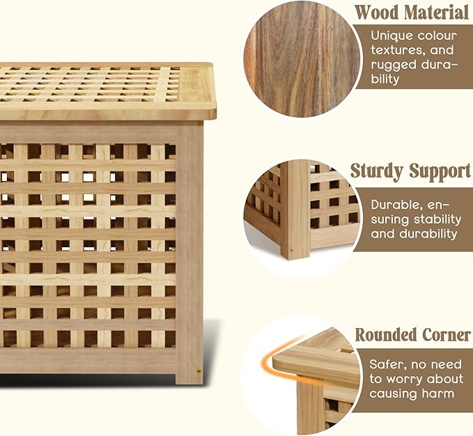 Bench with Storage, Acacia Laundry Hamper with Seat, Storage Benches with Seating for Entryway, Living Room, Bedroom, Bathroom (15.7x19.7x17.7in)-PawvioPets