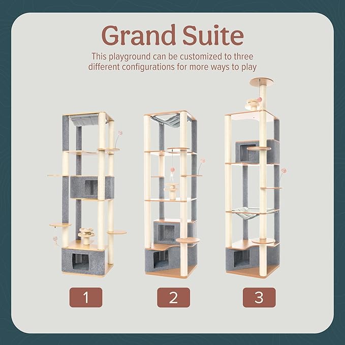 Ascentials - Grand Suite Cat Scratcher Playground - Tall Cat Tower Playground Structure, Sisal Scratching Areas, Grey Felt, Bamboo Veneer w/Linen & Velvet Surface Areas-PawvioPets