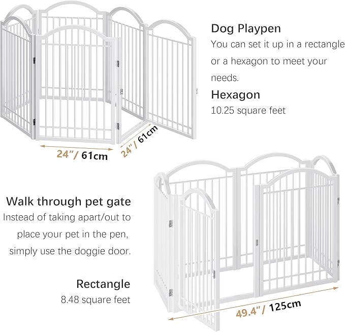 BHG Metal No-Assembly Freestanding Dog Gate with Door Walk Through, Extra Wide 144", Extra Tall 32" Pet Gate, Accordion Puppy Folding Playpen Dog Fence, with 2PCS Support (White, 6 panesl)-PawvioPets