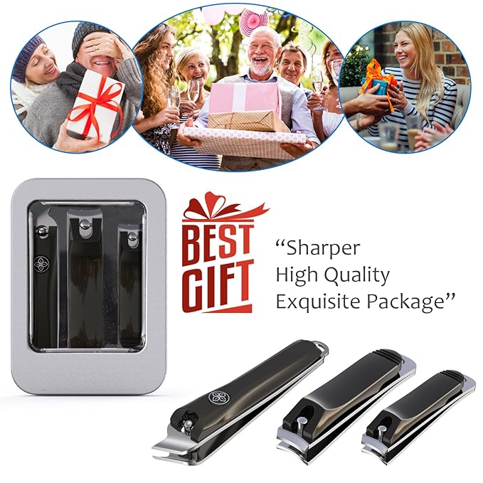 GLAMFIELDS 3pcs Nail Clippers Set, Black Stainless Steel Slanted Edge Nail Clipper & Fingernail & Thick Toenail Trimmer for Men and Women-PawvioPets