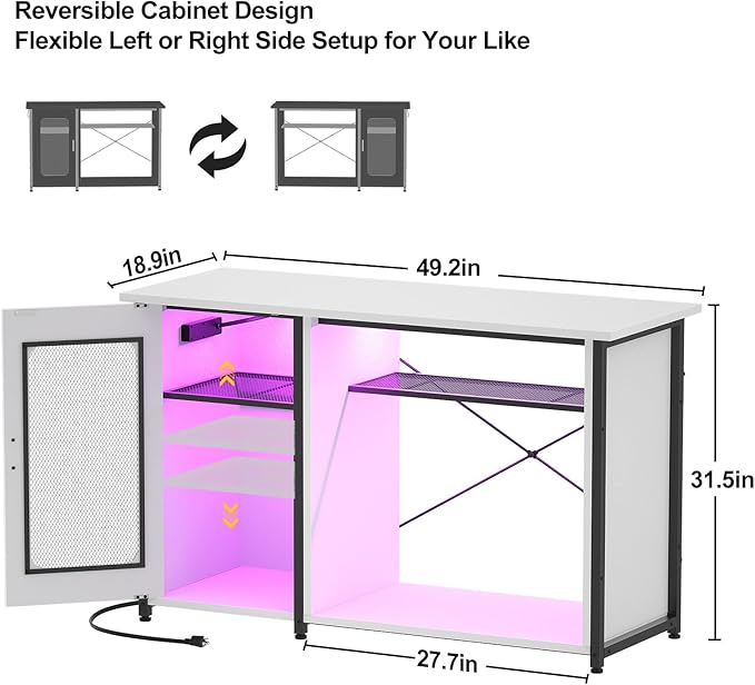 55-75 Gallon Fish Tank Stand with Power Outlets & LED Light, Reversible Heavy Duty Metal Aquarium Stand with Cabinet for Fish Tank Accessories Storage, Turtle/Reptile Terrariums, White-PawvioPets