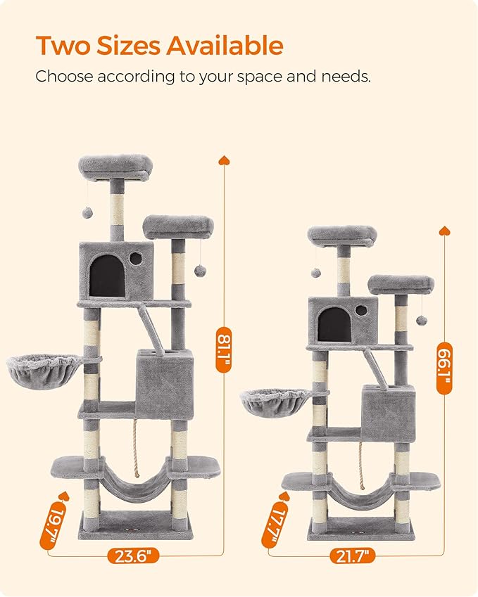 Feandrea Cat Tree, 81.1-Inch Large Cat Tower with 13 Scratching Posts, 2 Perches, 2 Caves, Basket, Hammock, Pompoms, Multi-Level Plush Cat Condo for Indoor Cats, Light Gray UPCT190W01-PawvioPets